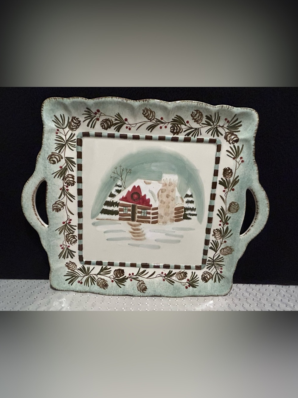 Winter Lodge by Jay 14x17 Cabin Scene Serving Tray Platter Pinecones Handles